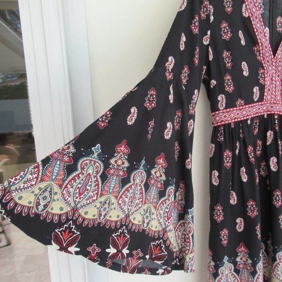 LUNIK Floral Paisley Boho Empire Waist Dress Small Long Sleeve, Black Multicolor - Picture 5 of 15